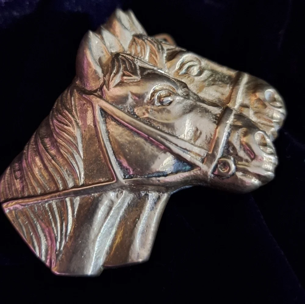Solid Brass 2 Horse Head Belt Buckle